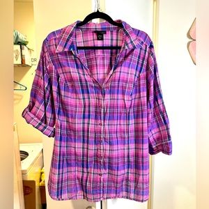 Women's Lane Bryant Purple/Pink Plaid 3/4 Sleeves Button Blouse Size 22/24